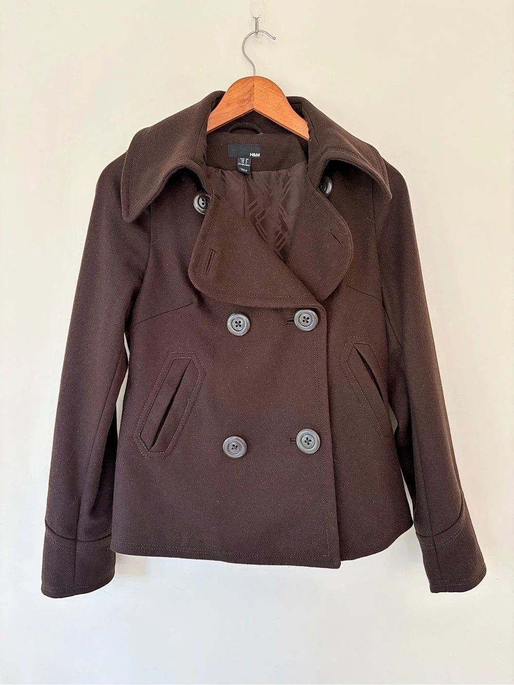H&M Dark Brown Double Breasted Wool Peacoat Jacket Belted Tailored Size 6